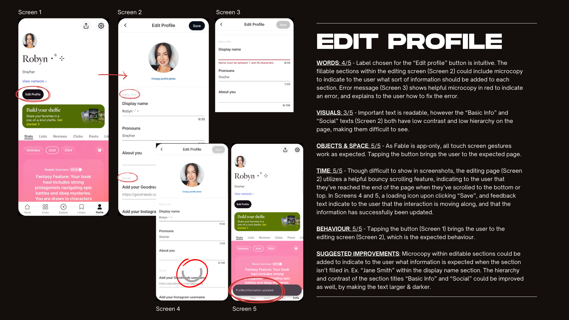 A slideshow image showing the Profile page analysis for reading app Fable.